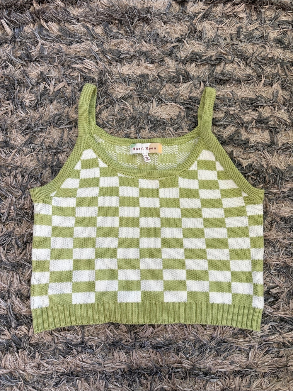 New! Hazel Moon Green & White Checker Knit Crop Tank XS